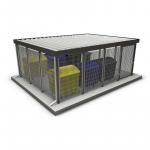 Abfallbehälter im wettergeschützten Stahlbau mit Gitterumrandung für Stadtmöbel.