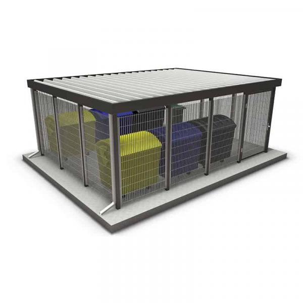 Abfallbehälter im wettergeschützten Stahlbau mit Gitterumrandung für Stadtmöbel.