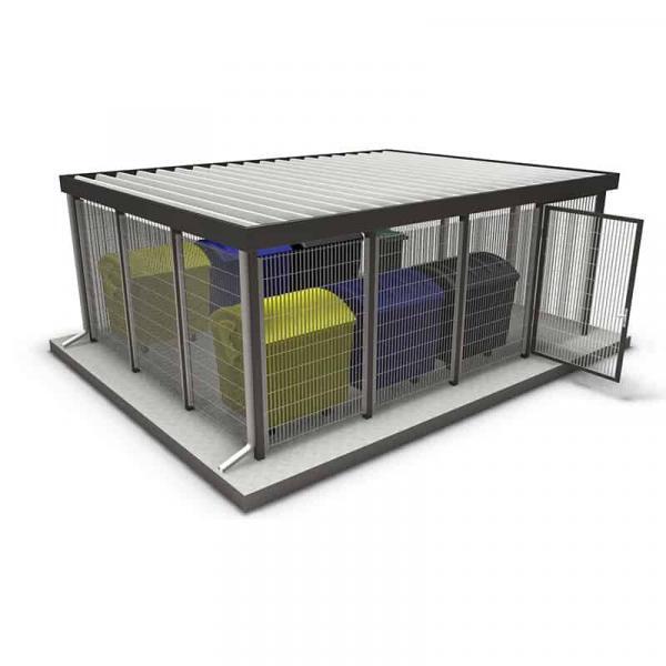 Abfallbehälter im Stahlbau mit Umzäunung, langlebig und wetterfest.