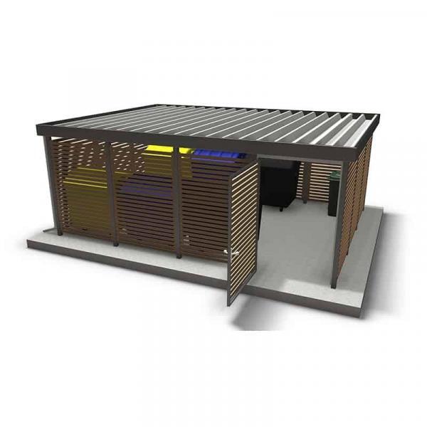 Modernes Stadtmöbel mit Holzlamellen und Metalldach, langlebig und wetterfest.