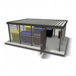 Abfallbehälter im Stahlbau mit Überdachung und Stadtmöbel-Design, robust und wetterfest.