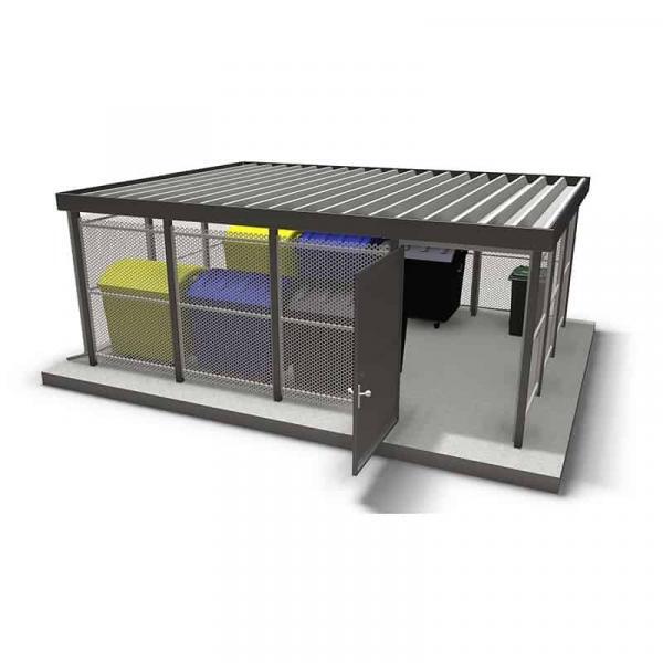 Abfallbehälter im Stahlbau mit Überdachung und Stadtmöbel-Design, robust und wetterfest.