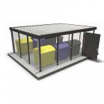 Abfallbehälter-Unterstand aus Stahl mit Dach, ideal für Stadtmöbel und Müllmanagement.