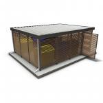 ABEX Stahlbau Rohrbiegen Stadtmöbel GmbH: Moderne Holz-Lamellen-Sitzbank mit Schutzdach.