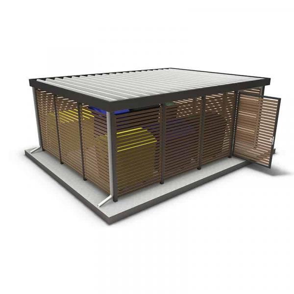 ABEX Stahlbau Rohrbiegen Stadtmöbel GmbH: Moderne Holz-Lamellen-Sitzbank mit Schutzdach.