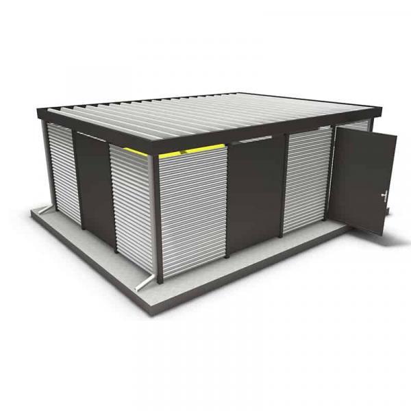 ABEX Stahlbau Rohrbiegen Stadtmöbel GmbH: Robuste Lagerhalle mit Metallrollläden und Dach.